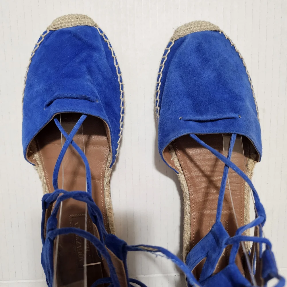 Aquazzura Belgravia Suede Espadrille Flats Mondrian Royal Blue Ankle Wrap sz 6.5